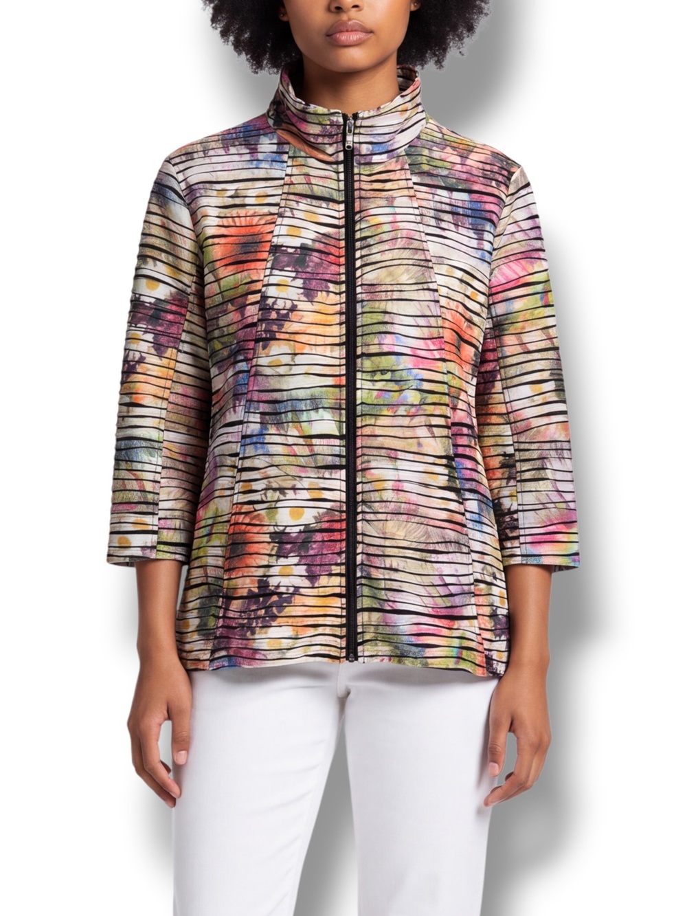 4/$20 Draper’s & Damon’s Large Floral Stripe Ruched Zip Jacket 3/4 Sleeve